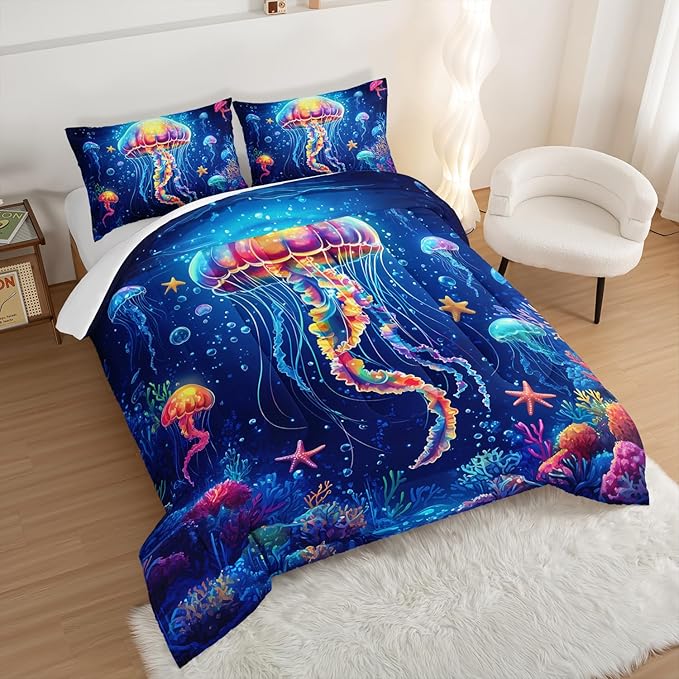 Fantasy Jellyfish Comforter Queen Bedding Sets for Girls Kids Toddlers,Coral Starfish Ocean Theme Bedroom Decor,Blue Underwater World Bedding Sets with 2 Pillowcases.