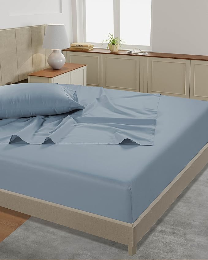 LANE LINEN Deep Pocket California King Sheet Set – 450 Thread Count 100% Long Staple Cotton, Soft Breathable Sateen Weave, 15” Fully Elasticized Fitted Sheet, Hotel Bedding & Pillowcases, French Blue