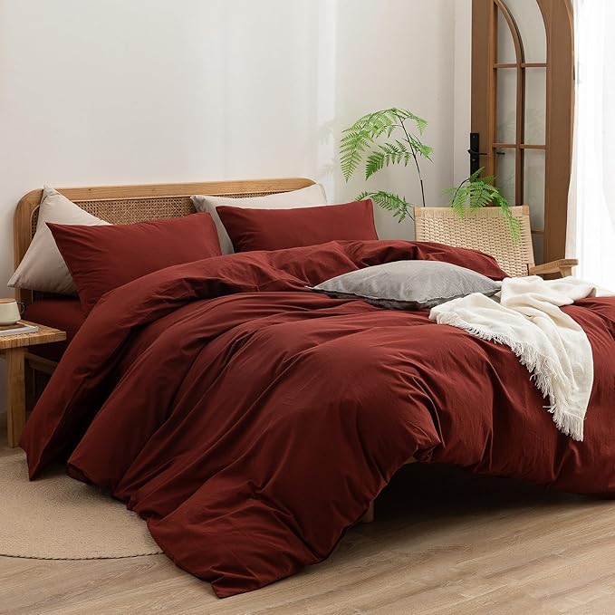 BESTOUCH Duvet Cover Set 100% Washed Cotton Linen Feel Super Soft Comfortable Chic Lightweight 2 PCs Home Bedding Set Solid Fired Brick Red Twin/Twin XL