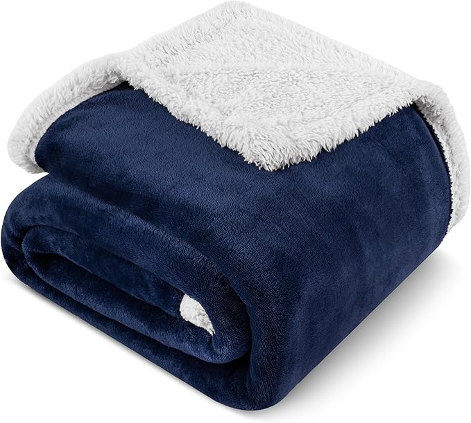 PAVILIA Sherpa Fleece Throw Blanket for Couch, Twin Size, Navy Blue, Plush Soft Fuzzy Sofa Blanket, Cozy Reversible Winter Throw for Women Men, 60x80 Inches