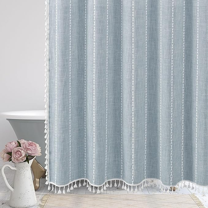 MitoVilla Boho Extra Long Shower Curtain 72 x 96, Blue Modern Farmhouse 96 inch XL Polyester Linen Texture Tassel Fabric Shower Curtain Set with Hooks for Cottagecore Country Bathroom Decor,Blue