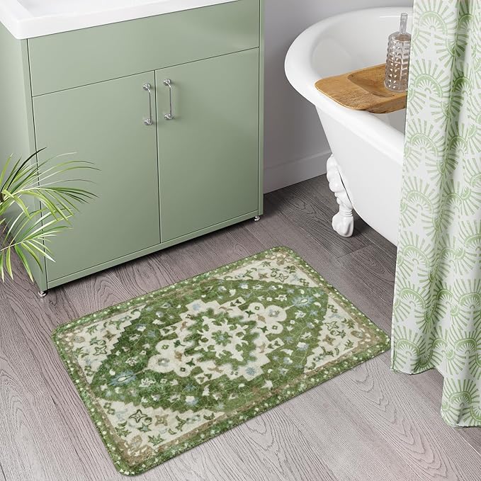 Uphome Boho Vintage Bathroom Rug Sage Green Non-Slip Soft Bathroom Mat Oriental Tribal Machine Washable Bath Rugs Traditional Floral Aesthetic Floor Mats for Shower Sink Tub, 20x31 inch
