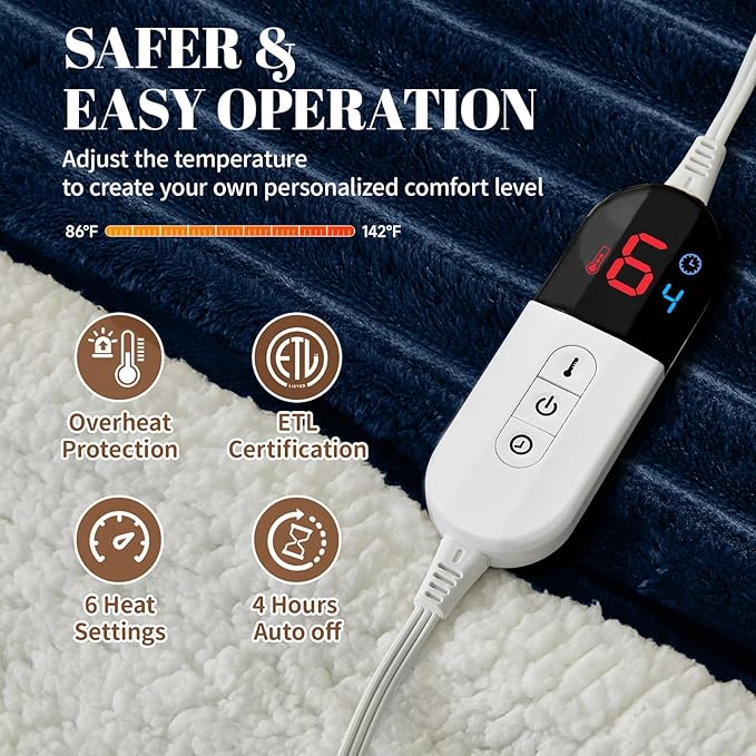 Electric Heated Throw Blanket - 50"x60" Fast Heating Bed Blankets with 6 Heating Levels & 4 Hours Auto Off, Soft Ribbed Flannel Sherpa, Over-Heated Protection ETL, Navy Blue