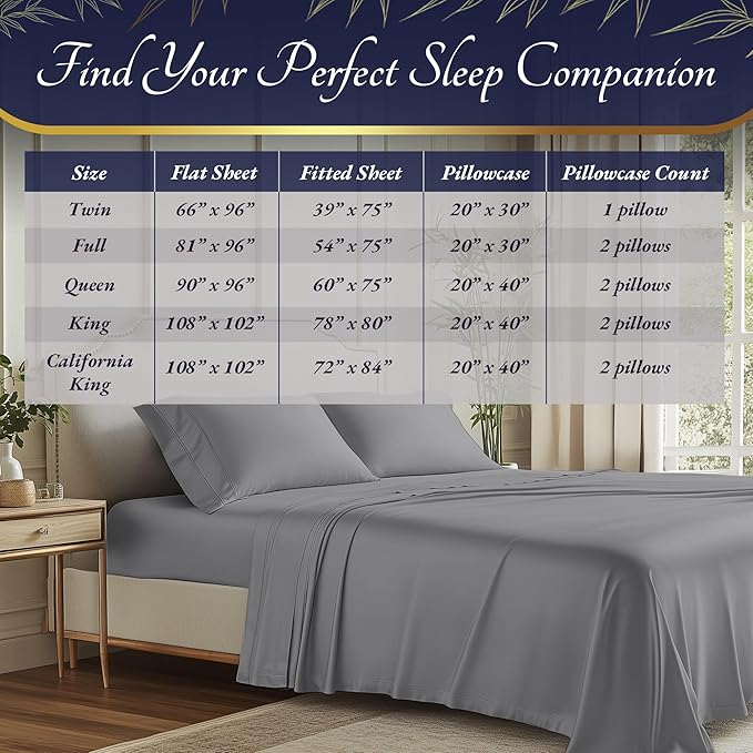 DECOLURE 100% Viscose Derived from Bamboo Sheets King Size 4pcs - Ultra Soft & Luxuriously Cooling, 17" Deep Pocket, Double Stitching, Perfect for Hot Sleepers - King Bed Sheets (Midgrey)