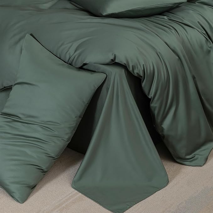 MooMee Duvet Cover Set 100% Extra Long Staple Cotton 600 Thread Count Silky Sateen Smooth Luxury Soft Breathable Durable Hotel Quality Bedding, 3 Pieces (Dark Green, King 104"x90")