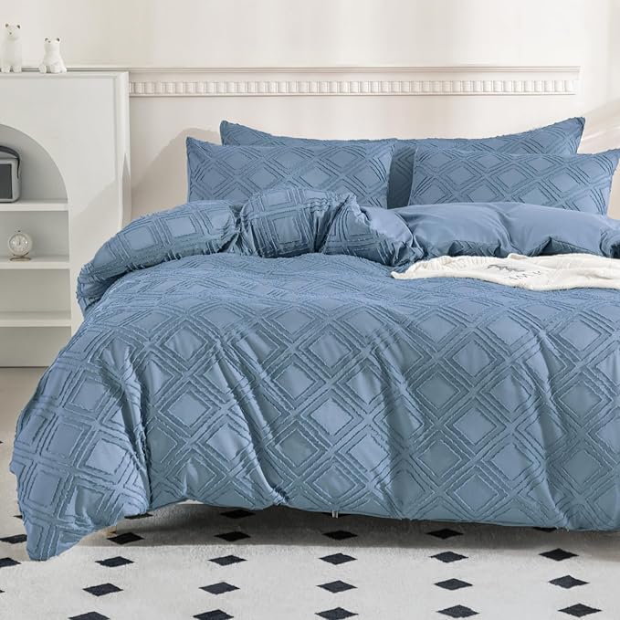 JELLYMONI Duvet Cover King Size Blue - 3PCS Boho Duvet Cover Set Plaid Polyester Tufted Bohemian Jacquard Knit Textured Comforter Cover 104×90in Rhombic Geometric Pattern Zipper Corner Tie