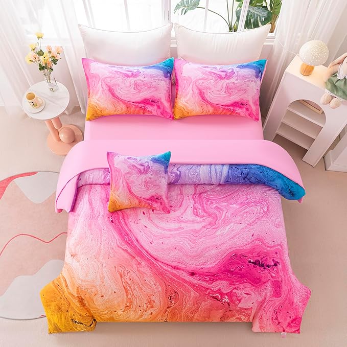 6Pcs Pink King Comforter Set for Girls Kids, Tie Dye Colorful Watercolor Marble Bedding Set King(1 Comforter, 1 Flat Sheet, 1 Fitted Sheet, 1 Cushion Cover, 2 Pillowcases)