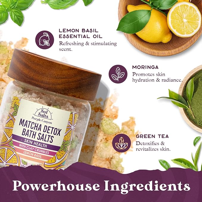 Purple Canyon SolSalts Matcha Detox Bath Salts with Clay Crumbles | Lemon Basil Scented Soak with Green Tea & Grape Seed Oil