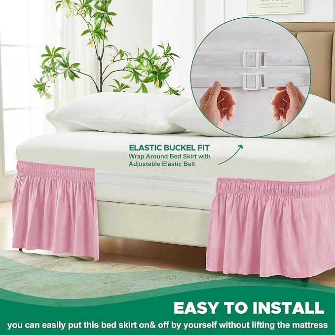 Biscaynebay Wrap Around Bed Skirts for Queen Beds 15" Drop, Pink Adjustable Elastic Dust Ruffles Easy Fit Wrinkle & Fade Resistant Silky Luxurious Fabric Machine Washable