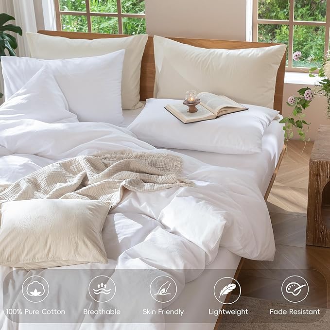 MooMee Bedding Duvet Cover Set 100% Washed Cotton Linen Like Textured Breathable Durable Soft Comfy (Solid Bright White, Full 80"x90")