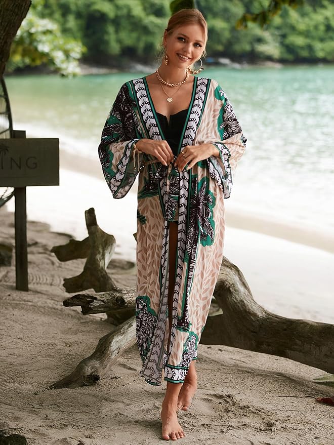 Women Casual Open Front Lightweight Cardigan Long Beach Kimono Cover Up