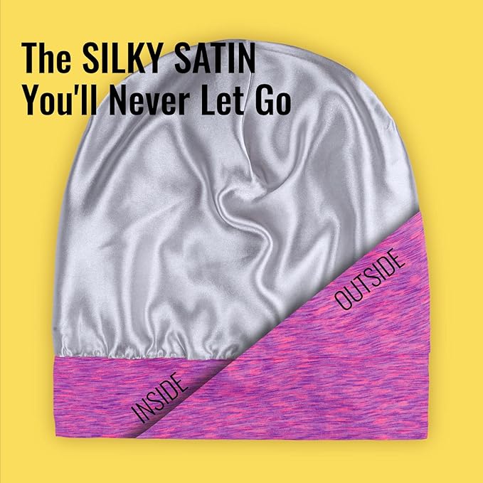 Satin Lined Sleep Cap Bonnet for Curly Hair and Braids, Stay On All Night Hair Wrap with Adjustable Strap for Women and Men, Purple and Pink, Pack of 1