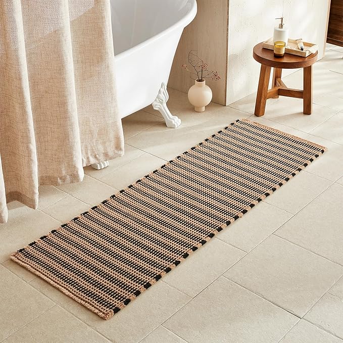 Waffle Runner Rug Bathroom, Long Boho Bathroom Rugs Non Slip Washable Super Absorbent Quick Dry Farmhouse Bath Decor, 72"x24" Black and Khaki