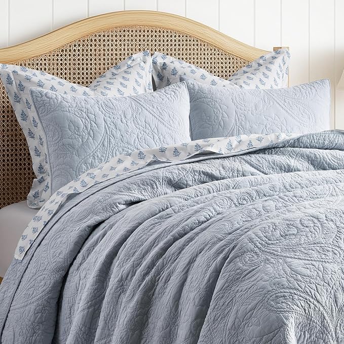 EVERGRACE 100% Cotton Paisley Quilt Set, Queen Size 3 Piece Set – Prewashed Lightweight Bedspread with 2 Shams, Soft & Breathable Matelasse Coverlet for All-Season Comfort, Pearl Blue