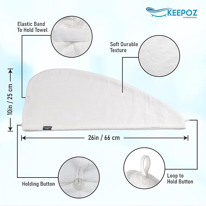 KEEPOZ 100% Cotton Hair Towel Wrap Quick Dry Super Absorbent Turban Head Wrap for Women with Button, Anti Frizz, Hair Cap for Curly, Long & Thick Hair (White, 1 Pc)
