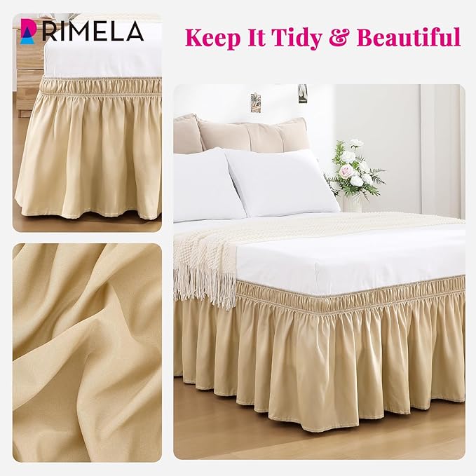 RIMELA Beige Bed Skirt Queen Size 15 Inch Drop, Wrap Around Elastic Bedskirt, Dust Ruffle for Adjustable Bed Base Machine Washable Easy to Install Bed Skirts