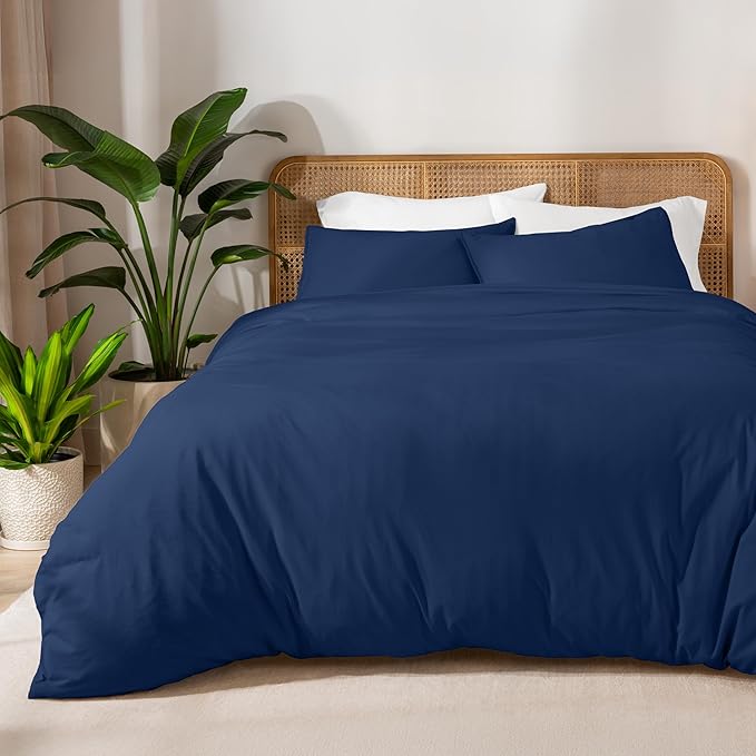 Bare Home 100% Organic Cotton Jersey Duvet Cover Set - Ultra Soft - 100% Cotton - 2pcs - Corner Ties - Button Closure - BedDuvet Cover & Pillow Shams (Twin/Twin XL, Dark Blue)