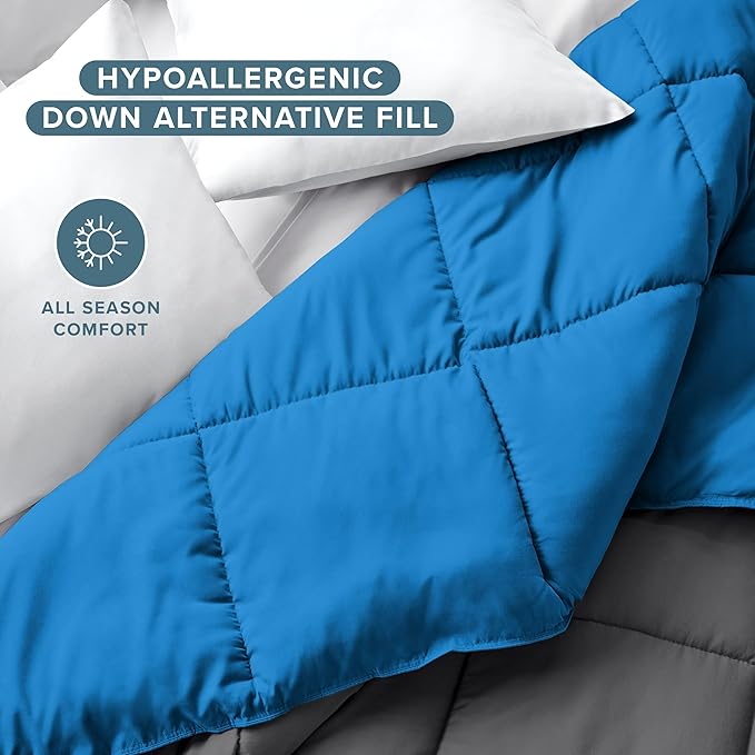 Bare Home Queen Comforter - Reversible Colors - Goose Down Alternative - Ultra-Soft - Premium 1800 Series - All Season Warmth - Bedding Comforter (Queen, Grey/Medium Blue)