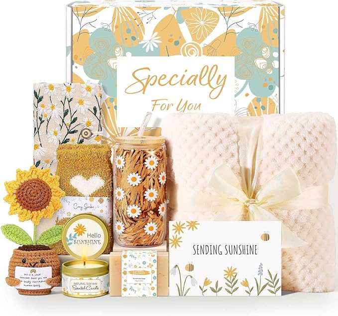 Self Care Gifts for Women Gift Baskets，Sending Sunshine Thinking of You Care Package Spa Gift Sets, Birthday Christmas Gifts for Women Best Friends Mom Sister Wife Grandma Her