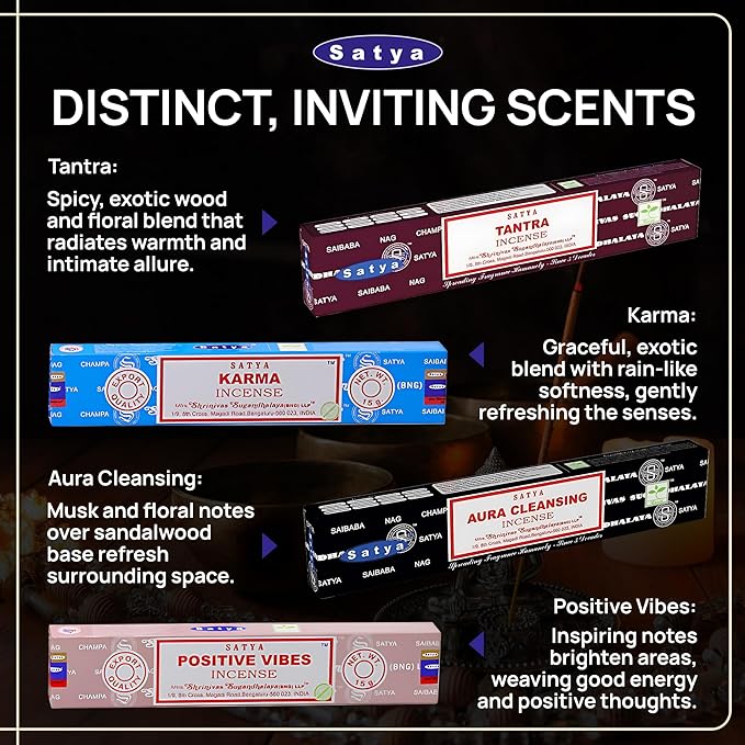 Satya Incense Sticks - Nag Champa, Namaste, Positive Vibes, Tantra, Buddha Blessing, Aura Cleansing, Chakra, Pyramids, Reiki, Karma, Spiritual, Traditional Ayurveda, Pack of 12 Assorted Fragrances