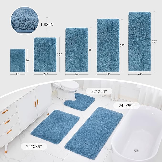 Small Bathroom Rug 17x24 Non Slip Blue Fluffy Bath Mat for Bathroom Floor Washable Plush Luxury Bath Rug for Tub Soft Shaggy Absorbent Shower Mat