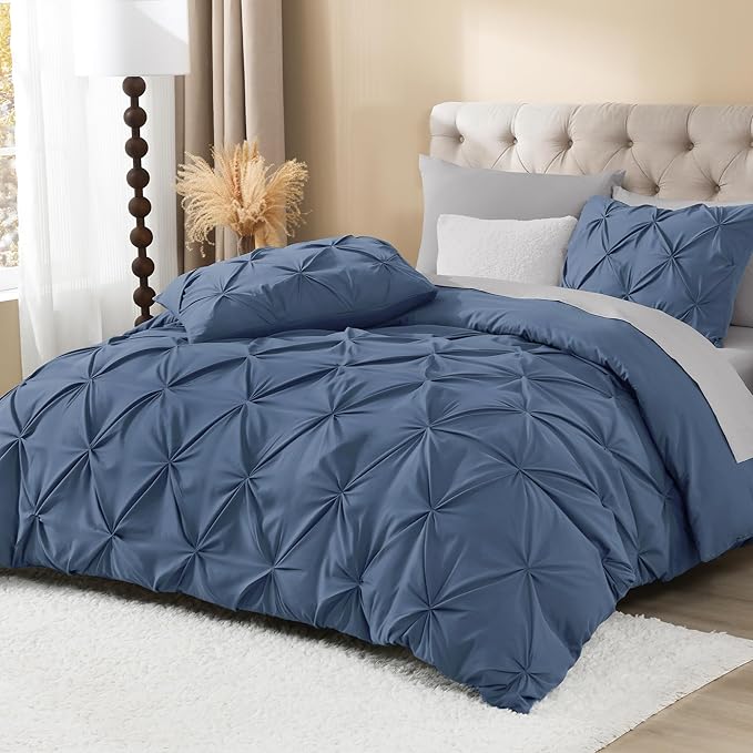 Litanika Ocean Blue Queen Pinch Pleat Duvet Cover, 3 Pieces Pintuck Cover Soft Microfiber Bedding Set with Zipper Closure & Corner Ties(90x90Inch-1 Duvet Cover, 2 Pillowcases)