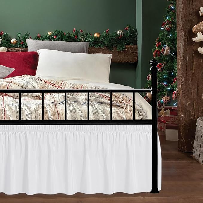 Biscaynebay Wrap Around Bed Skirts with Split Corners for Queen Beds 21" Drop, White Adjustable Elastic Dust Ruffles Easy Fit Wrinkle & Fade Resistant Silky Luxurious Fabric Machine Washable