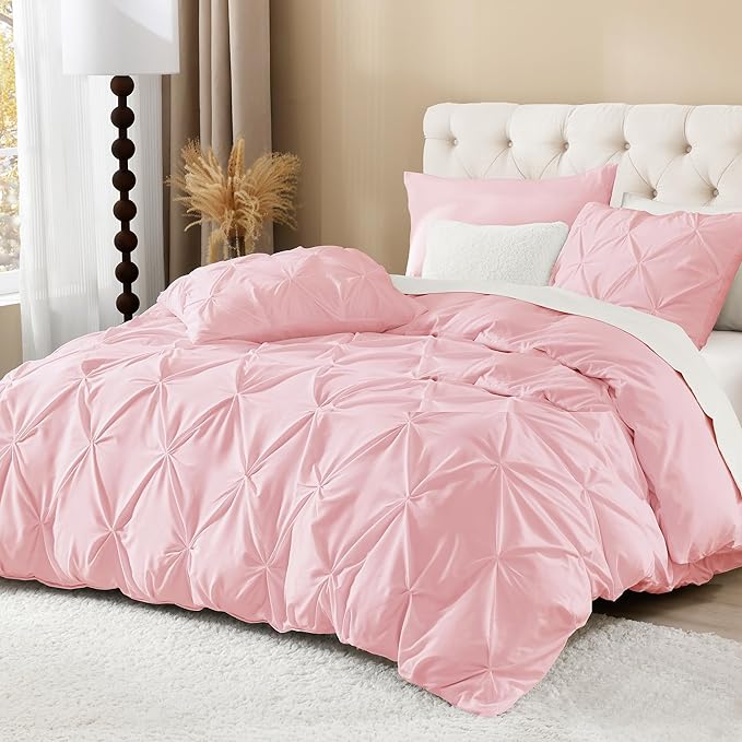Litanika Pink Pinch Pleat Duvet Cover Full(79x90Inch), 3 Pieces(1 Duvet Cover, 2 Pillowcases) Luxurious Pintuck Bedding Set, Soft Microfiber with Zipper Closure & Corner Ties