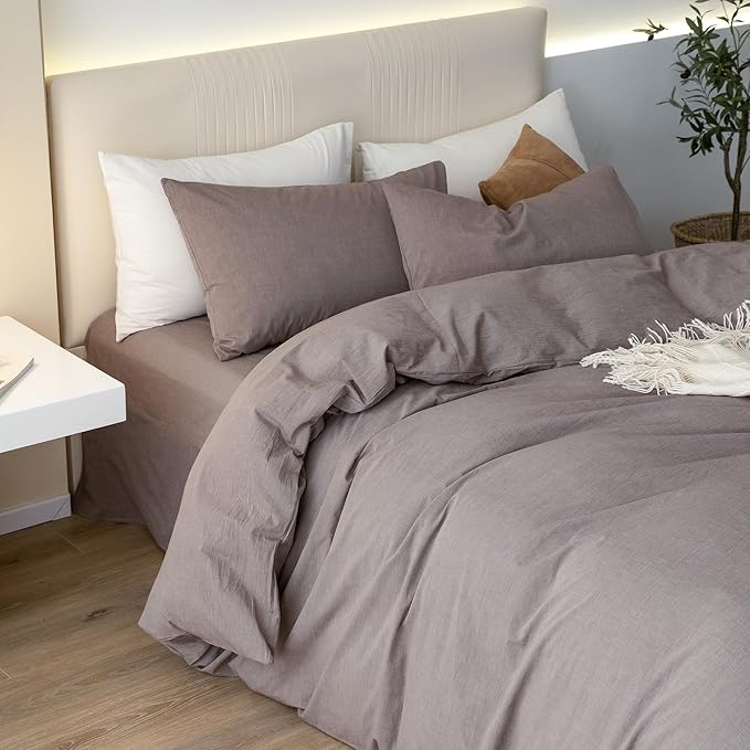 JIYUAN 100% Washed Cotton Duvet Cover Set 3 Pieces Full, 1 Duvet Cover 80x90 Inches(Comforter Not Included) and 2 Pillowcases,Linen Feel Bedding Set Comfy and Breathable, Heathered Mauve Brown