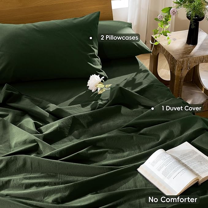 MooMee Bedding Duvet Cover Set 100% Washed Cotton Linen Like Textured Breathable Durable Soft Comfy (Solid Forest Green, King 104"x90")
