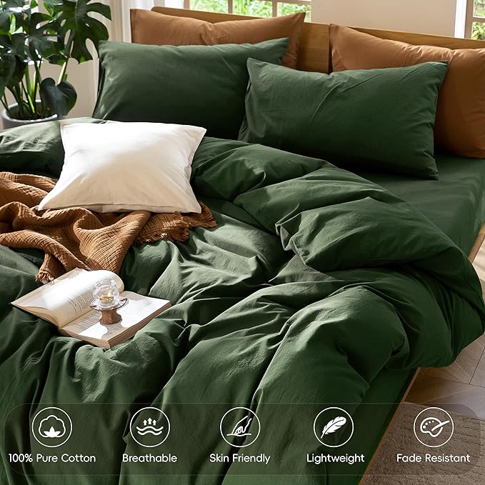 MooMee Bedding Duvet Cover Set 100% Washed Cotton Linen Like Textured Breathable Durable Soft Comfy (Solid Forest Green, King 104"x90")