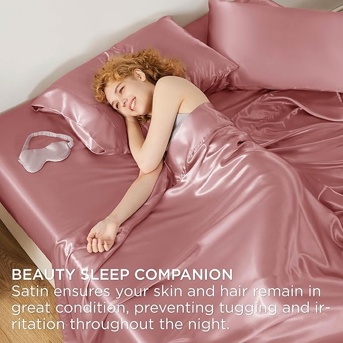 Bedsure Satin Sheets Full Size - 4 Piece Silky Bedsheets with 15 Inches Deep Pocket Fitted Bedsheet,1 Flat Sheet, 2 Satin Pillowcases, Good for Hair & Skin (Full, Coral)