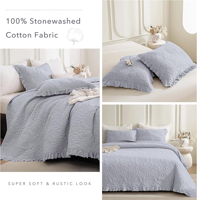 QSH 3PCs Cornflower Blue Oversized King Quilt Bedspread Set(120"x120"),Stonewashed Cotton Ruffle Quilt California King,Soft Lightweight Crinkled Shabby Bedspread Coverlet Bedding Set for All Seasons