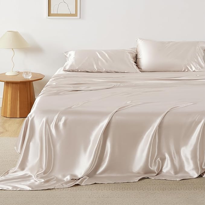 Bedsure Satin Sheets Queen Size - 4 Piece Silky Bedsheets with 15 Inches Deep Pocket Fitted Bedsheet,1 Flat Sheet, 2 Satin Pillowcases, Good for Hair & Skin (Queen, Beige)