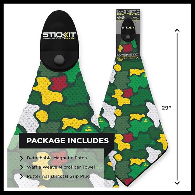 STICKIT Magnetic Golf Towel, Camo Augusta Green | Top-Tier Microfiber Golf Towel with Deep Waffle Pockets | Industrial Strength Magnet for Strong Hold to Golf Carts or Clubs | Golf Greens Camo