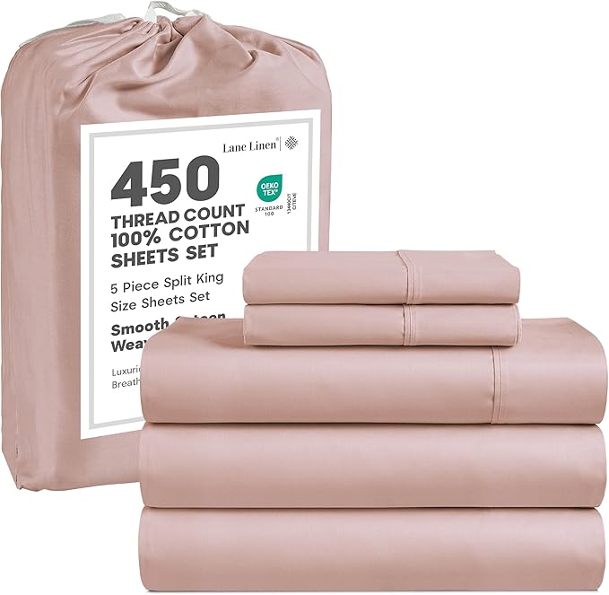 LANE LINEN Split King Sheets Sets – 450 Thread Count 100% Cotton Bed Sheets, Soft & Naturally Cooling, 15” Deep Pocket Fully Elasticized Fitted Sheet, Machine Washable Hotel Bedding, Sepia Rose