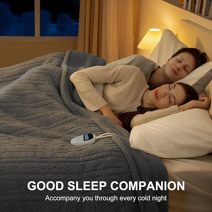 Queen Size Heated Blanket Single Control - 84"X90" Soft Double Sided Sherpa Electric Blanket with 6 Fast Heating Levels & 10 hrs Timer Settings, Washable & ETL Certified for Bed, Grey