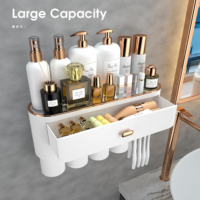 iHave Toothbrush Holders for Bathrooms - Upgrade Wall Mounted Toothbrush Holder with Toothpaste Dispenser - 4 Cups