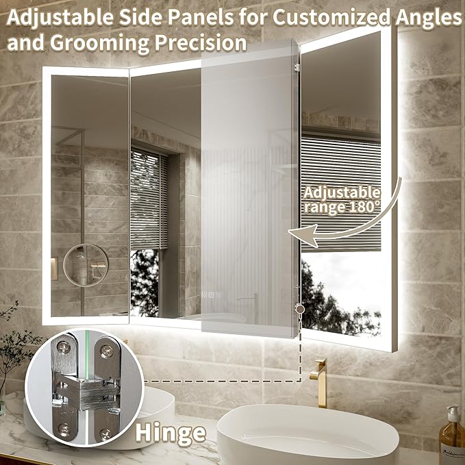 66x36 Trifold Bathroom Mirror with Lights with Removable Magnifier, 180° Foldable LED Mirror for Bathroom, Front&Backlit, Wall Mounted, Stepless Dimming, Color Temper Change, Anti Fog