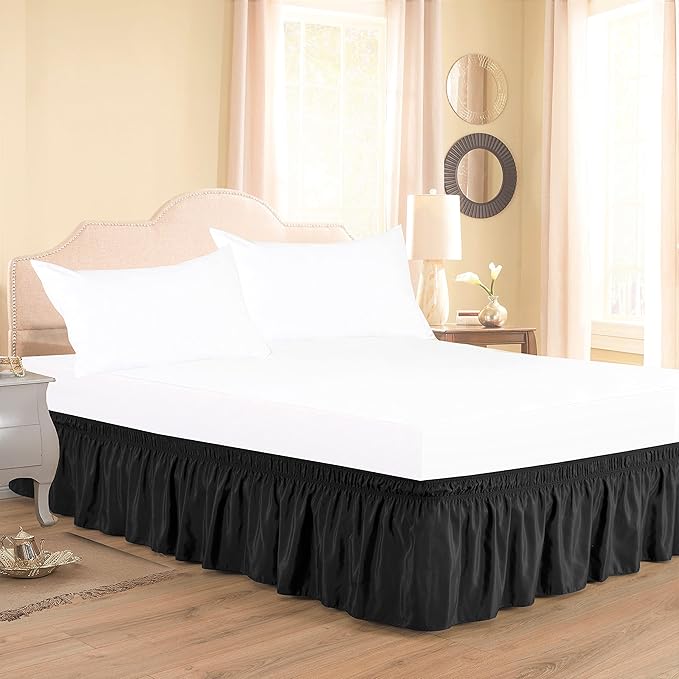 Biscaynebay Wrap Around Bed Skirts for Full & Full XL Beds with Extra Long Drop of 25", Black Adjustable Elastic Dust Ruffles Easy Fit Wrinkle Resistant Silky Luxurious Fabric Machine Washable