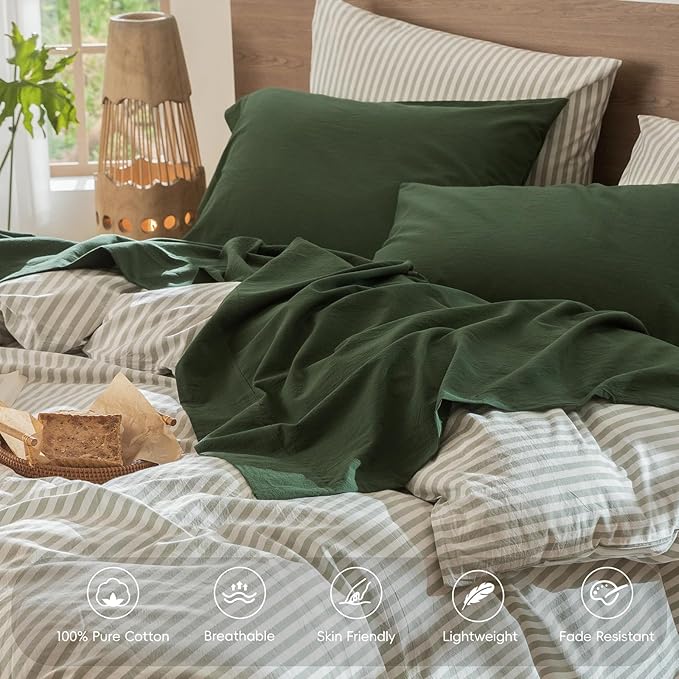 MooMee Bedding Sheet Set 100% Washed Cotton Linen Like Textured Breathable Durable Soft Comfy (Solid Forest Green, Queen)