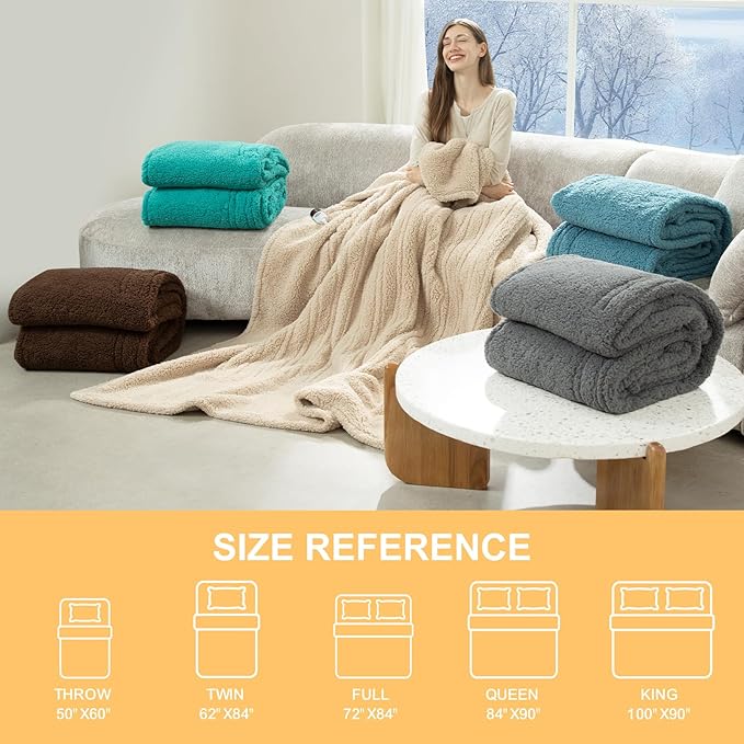 Queen Size Heated Blanket Single Control - 84"X90" Soft Double Sided Sherpa Electric Blanket with 6 Fast Heating Levels & 10 hrs Timer Settings, Washable & ETL Certified for Bed, Grey