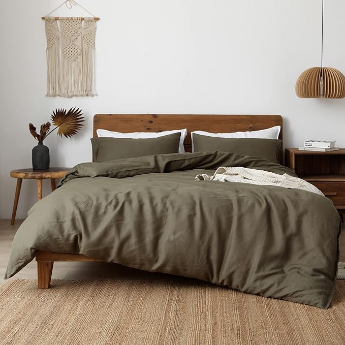 XZ XIFA Olive Green 100% Linen Queen Size Bedding Set, Cooling Duvet Cover with Natural Washed French Flax，Soft,Breathable,Textured,Fluffy Duvet Cover (1 Duvet Cover,2 Pillow Shams)