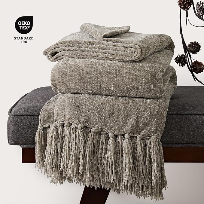 EVERGRACE Soft Chenille Throw Blanket for Couch, Cozy Plush Fuzzy Decorative Chenille Knit Throw Blanket with Tassels, Lightweight Blanket and Throws for Bed Sofa Gift Home Decor, Taupe 60"x80"
