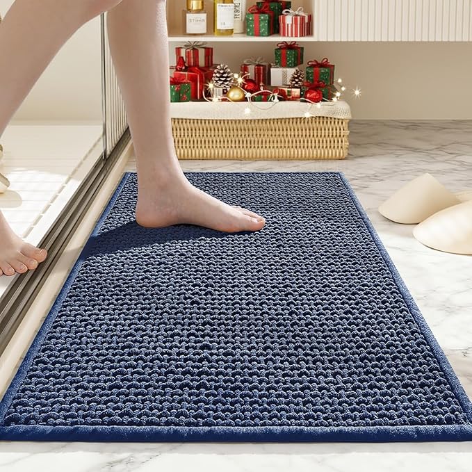 Bathroom Rugs Non Slip Washable, Super Absorbent Thin Bath Mat for Small Quick Dry Low Pile Bathroom Rug, (Navy Blue, 36″x24″)