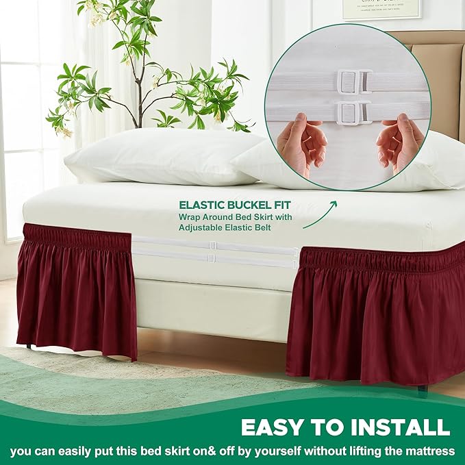 Biscaynebay Wrap Around Bed Skirts for Full & Full XL Beds 16" Drop, Burgundy Adjustable Elastic Dust Ruffles Easy Fit Wrinkle & Fade Resistant Silky Luxurious Fabric Solid Machine Washable