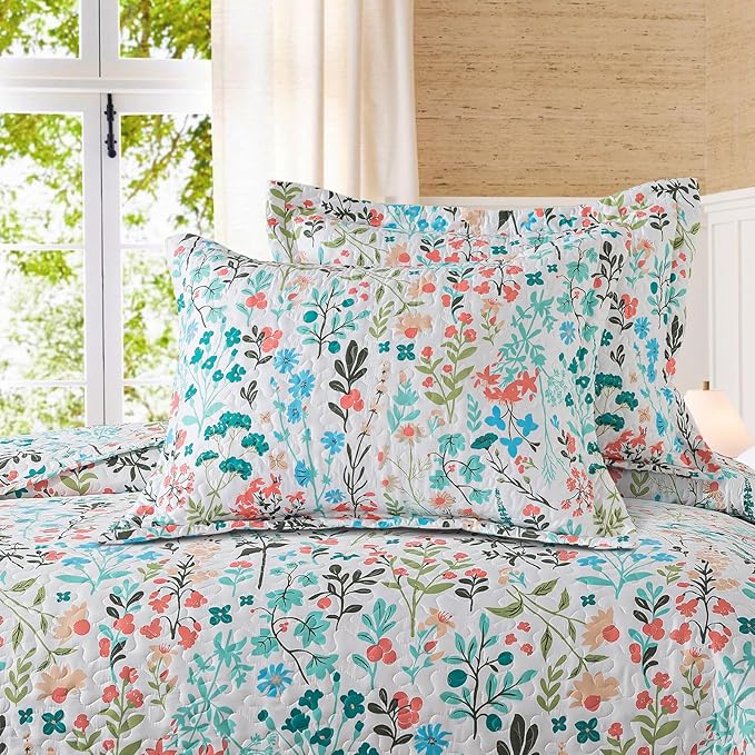 BEDIFANY Queen Size Quilt Bedding Set - Cotton Filling Lightweight Reversible Bedspread with Botanical Floral Pattern, Farmhouse Bed Coverlet for All Seasons, 3-Piece Set (90x98 Inches)