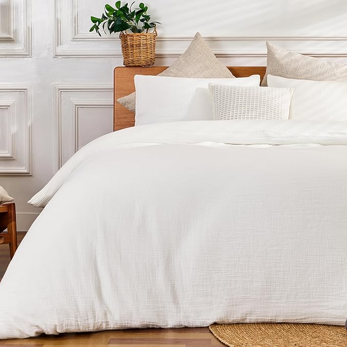 White Duvet Cover King, 100% Sandwashed Cotton Soft King Size Duvet Cover Set 3 Pieces with Zipper Clousre & Corner Buttons (White, King 104 x 90)