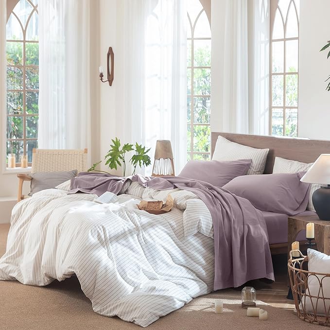 MooMee Bedding Sheet Set 100% Washed Cotton Linen Like Textured Breathable Durable Soft Comfy (Solid Taro Purple, King)