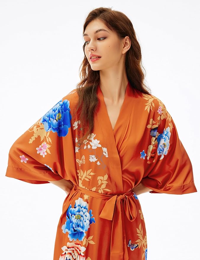PRODESIGN Kimono Robe for Women - Long Satin Sleepwear Silky Kimono Cover-Up Nightgown Japanese Bathrobe Loungewear Blouse